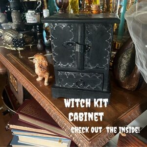 Vintage Black Wooden WITCH Kit Cabinet Jewelry Box
